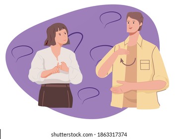 boy and girl communicate using sign language, disabilities, hearing, deaf. concept flat vector illustration