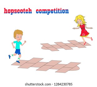 Boy and girl compete in the hopscotch on a white background