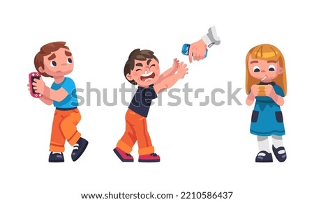 Boy and Girl with Console Addicted to Gadget Playing Video Game Vector Set