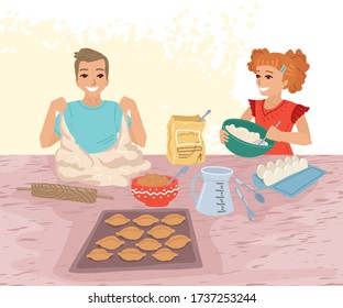 Boy and girl cook pastries, cooking with children, knead the dough, flour and pies on the table. Hobbies of children. Baking recipe ingredients. Vector concept illustration.