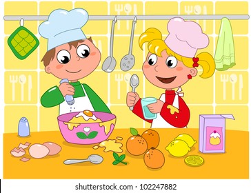 Boy and girl cooking in a kitchen full of ingredients. Cartoon illustration for children.