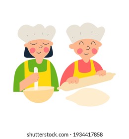 Boy and girl cooking together. Vector hand drawn icon illustration on white background.