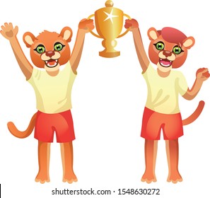 Boy and girl cougars in sport uniform are holding on both sides the gold goblet