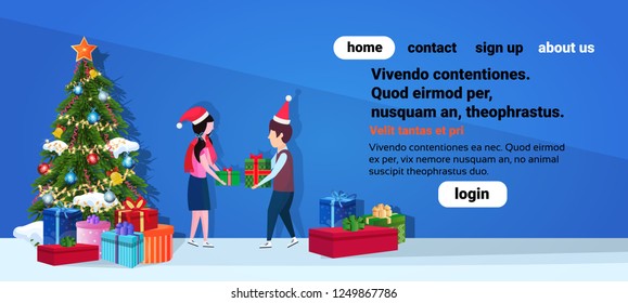 boy girl couple giving present each other happy new year merry christmas concept flat male female cartoon character full length horizontal copy space