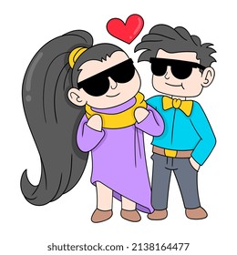 Boy And Girl Couple Hanging Out On Valentine Night, Vector Illustration Art. Doodle Icon Image Kawaii.