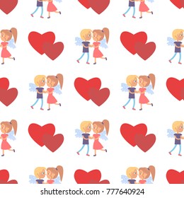 Boy and girl couple with wings on back seamless pattern with hearts, man kisses woman, vector illustration greeting card design Valentine's Day concept