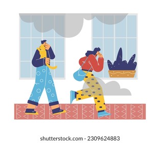 Boy and girl cover noses with hands and leave smoky room flat style, vector illustration isolated on white background. Evacuation and safety, young man carrying cat, running woman