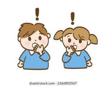 Boy and girl cover their mouths in surprise_Brothers and sisters of nursery school children