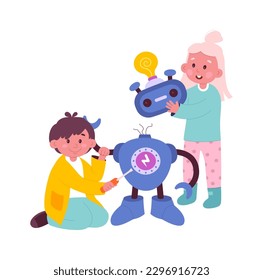 Boy and girl creating robot Hobby and entertainment vector illustration