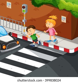Boy and girl crossing the road illustration