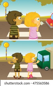 Boy and girl crossing road illustration