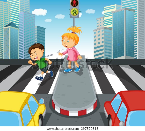 Boy Girl Crossing Street Illustration Stock Vector (Royalty Free ...