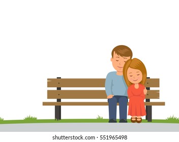 Boy and girl cuddling sitting on a Park bench. Isolated on white background couple sitting on bench. Vector illustration in flat style