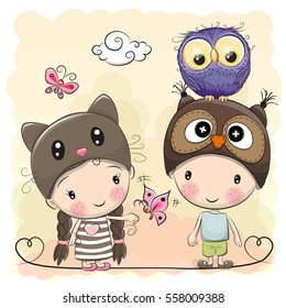 Boy and Girl with Cute Owl and butterflies