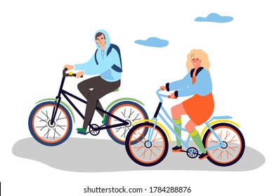 Boy and girl cycling - flat design style colorful illustration on white background. High quality composition with happy male, female characters in casual clothes riding bicycles, talking to each other