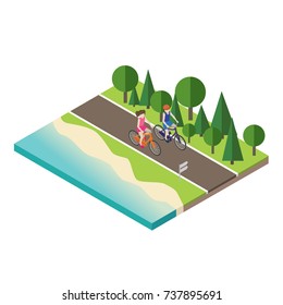 Boy and girl cycling on countryside summer sunny road or highway. Brother and sister