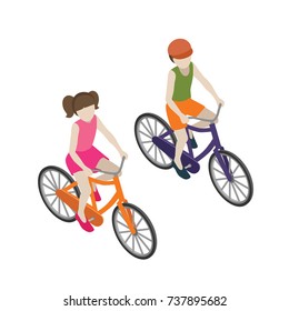 Boy and girl cyclists riding on a bicycle. Flat 3d isometric vector illustration. Brother and sister