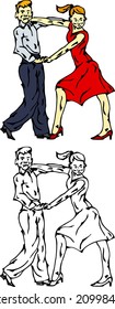 Boy and girl dance duet. Hand drawn vector illustration.