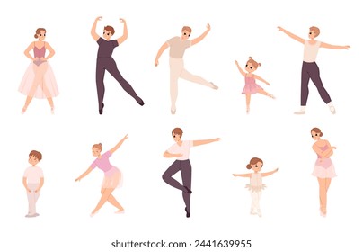 Boy girl dancing ballet. Female and male characters, classic dance theater artists. Cute girls dancers in tutu skirts and pointe shoes, snugly vector set