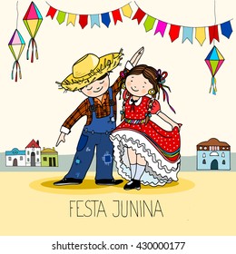 Boy and Girl dancing at the Brazilian june Festa Junina party, celebration greeting or invitation card. Hand drawn vector illustration