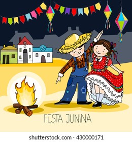 Boy and Girl dancing by the fire. Brazilian june Festa Junina party, celebration greeting or invitation card. Hand drawn vector illustration