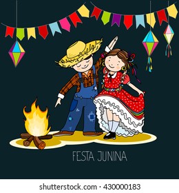 Boy and Girl dancing by the fire in the night. Brazilian june Festa Junina party, celebration greeting or invitation card. Hand drawn vector illustration