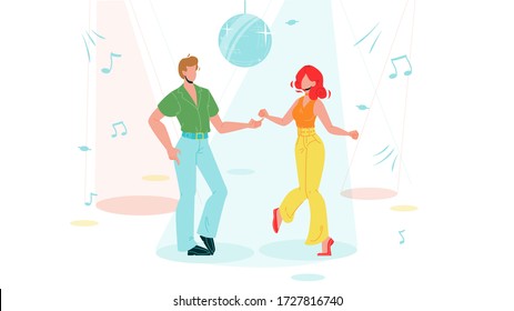 Boy And Girl Dancing Funk Dance Vector. Dancer Young Man And Woman Dancing Hip Hop, Disco Sphere And Sound Notes On Background. Music Club, Active Lifestyle Flat Cartoon Illustration