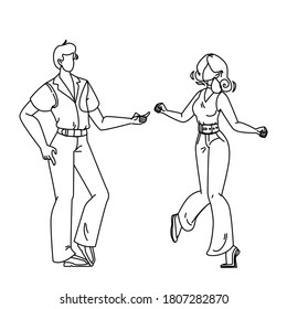 Boy And Girl Dancing Funk Dance Black Line Pencil Drawing Vector. Dancer Young Man And Woman Dancing Hip Hop, Disco Sphere And Sound Notes On Background. Music Club, Active Lifestyle Illustration