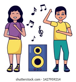 boy girl dancing and listening music with speaker vector illustration