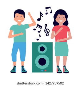 boy girl dancing and listening music with speaker vector illustration