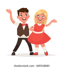 Boy and a girl are dancing on a white background. Couple of small dancers. Vector illustration in cartoon style