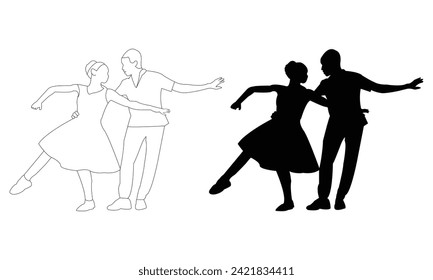 Boy and girl dancing outline vector. Dancing black icon isolated on white background.