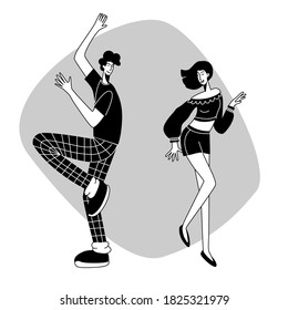 Boy and girl dancing. Romantic doodle outline print for wedding party, valentine's day card, birthday wallpaper. 