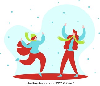 Boy And Girl Dancing In Snow - Flat Vector Illustration