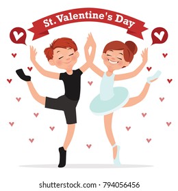 A boy and a girl are dancing together.Children dance ballet. Ballet costumes. Happy Valentines card.  Vector illustration