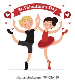 A Boy And A Girl Are Dancing Together.Children Dance Ballet. Ballet Costumes. Happy Valentines Card.  Vector Illustration