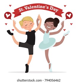 A boy and a girl are dancing together.Children dance ballet. Ballet costumes. Happy Valentines card.  Vector illustration