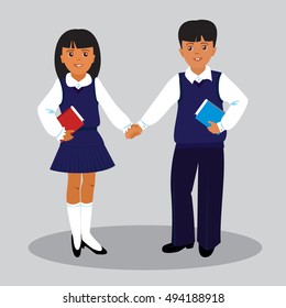 Boy and girl in dark blue school uniform. Vector illustration or vector object.