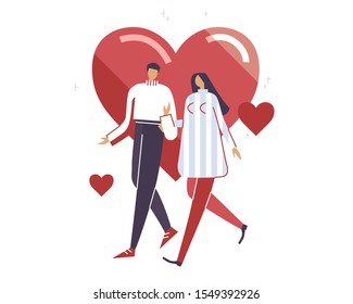 Boy and girl are dating on St. Valentine's Day, 14th of February. Man and woman converse. Teenagers flirt. Partners have fun together. Young people love. Vector illustration EPS 10 isolated on white