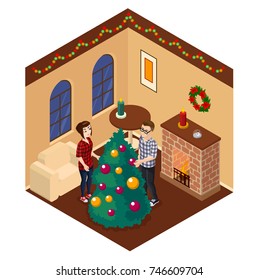 Boy and girl decorating christmas tree in isometric christmas room fireplace.  xmas scene isometric, Couple decorating christmas room with  xmas tree. Christmas eve, cosy room with fireplace.
