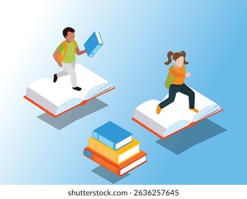 boy and a girl are depicted running on open books, with a stack of books nearby, symbolizing education, knowledge, and the journey of learning isometric 3d vector illustration