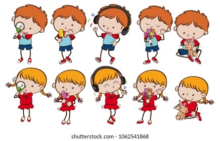 Boy and Girl with Different Activities illustration