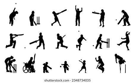 Boy, girl and disable cricket player silhouette