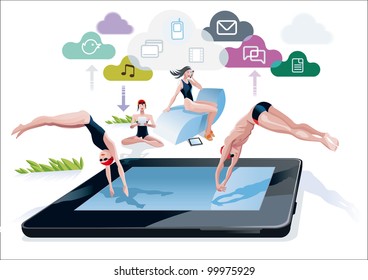 A boy and a girl diving at the same time into a pool with a digital tablet form. Near the side of the pool, a girl reads in a digital tablet and another girl speak on the phone.