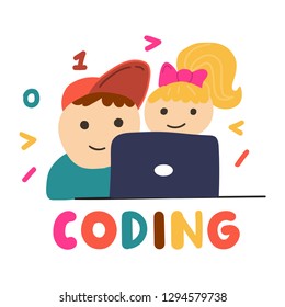 Boy and girl do coding on laptop. Vector hand drawn illustration on white background. 