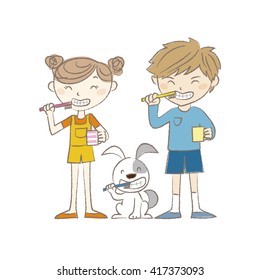 A boy, a girl and a dog brushing teeth together