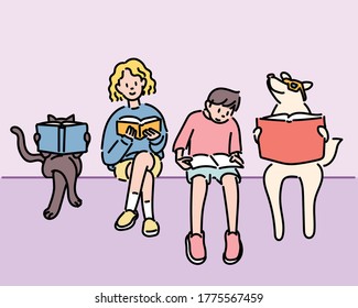 Boy  girl  dog  cat Friends are sitting together   reading book  hand drawn style vector design illustrations  