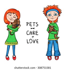 boy and girl, dog and cat - vector illustration with the concept of protection of pets