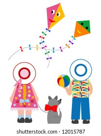 boy and girl with dog and flying kite