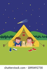 A boy, a girl, and a dog are looking at the stars from a tent.